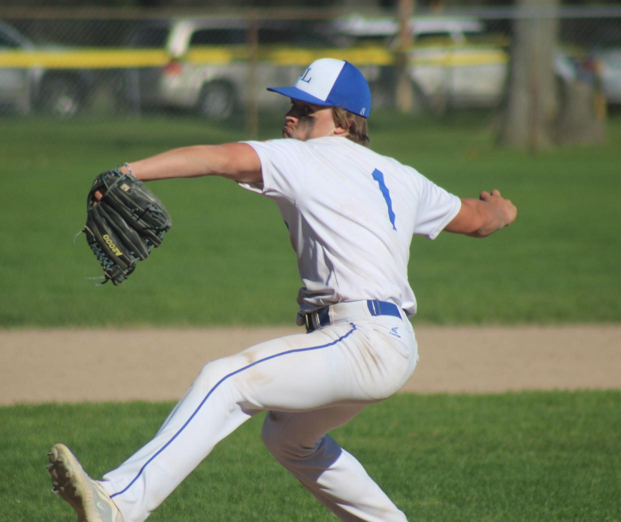 Aidan Fenstermaker (1) was the winning pitcher for Inland Lakes in game two on Friday.