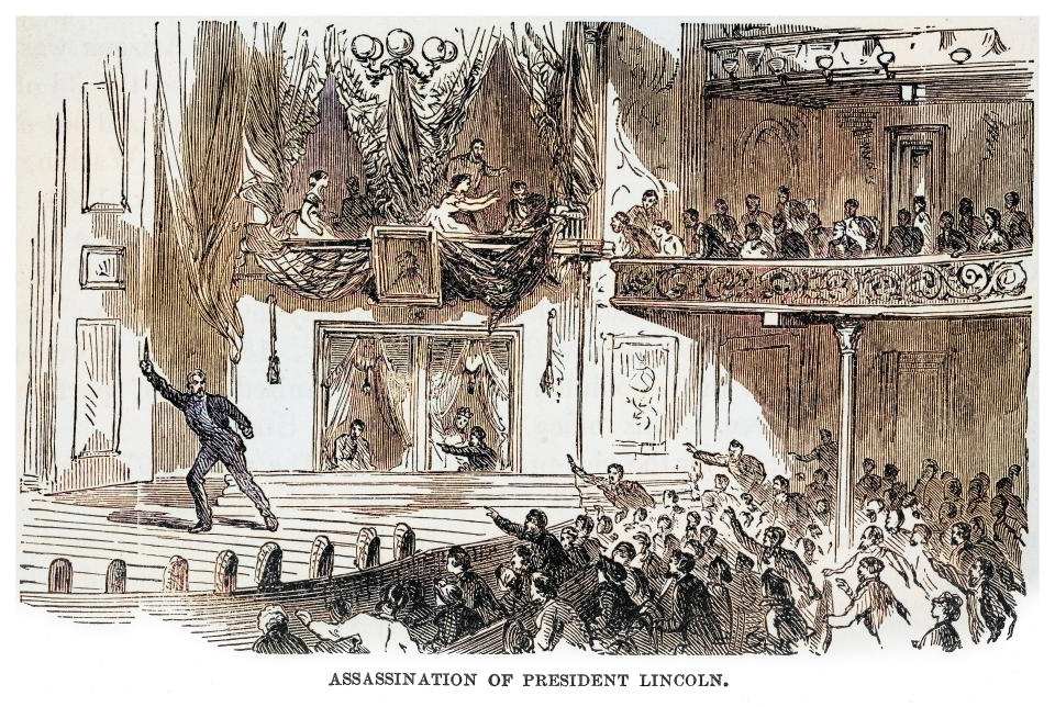 Historical drawing titled "Assassination of President Lincoln," featuring the moment of Abraham Lincoln's assassination in a theatre with a crowd reacting in shock