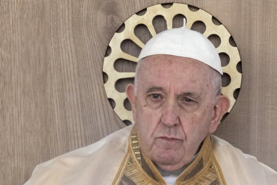 Pope Francis celebrates mass on the occasion of the 27th national Eucharistic congress, in Matera, southern Italy, Sunday, Sept. 25, 2022. (AP Photo/Andrew Medichini)