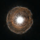 A NASA/ESA Hubble Space Telescope image released on July 7, 2012 shows U Camelopardalis, or U Cam for short, a star nearing the end of its life located in the constellation of Camelopardalis (The Giraffe), near the North Celestial Pole. As it begins to run low on fuel, it is becoming unstable. Every few thousand years, it coughs out a nearly spherical shell of gas as a layer of helium around its core begins to fuse. The gas ejected in the star's latest eruption is clearly visible in this picture as a faint bubble of gas surrounding the star. The shell of gas, which is both much larger and much fainter than its parent star, is visible in intricate detail in Hubble's portrait. While phenomena that occur at the ends of stars' lives are often quite irregular and unstable, the shell of gas expelled from U Cam is almost perfectly spherical. The image was produced with the High Resolution Channel of the Advanced Camera for Surveys. REUTERS/ESA/Hubble, NASA and H. Olofsson/Handout