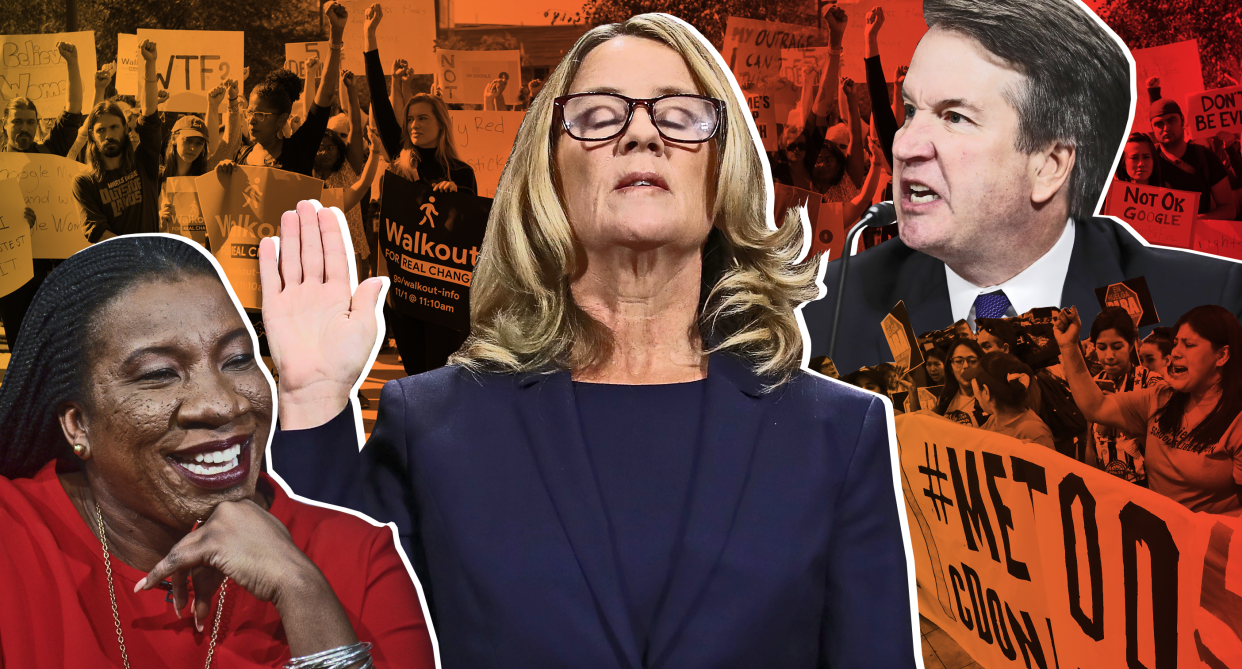 The swirl of current events related to sexual assault — clockwise from bottom left, #MeToo founder Tarana Burke, a Google walkout, Christine Blasey Ford’s testimony at the Brett Kavanaugh hearings, and a McDonald’s walkout — could lead to some painful conversations during holiday gatherings. (Photo: Getty Images/Quinn Lemmers for Yahoo Lifestyle)