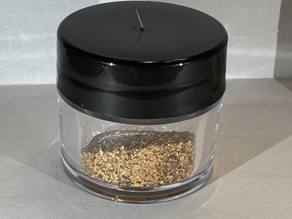 This jar contains a half-ounce of gold mined from the Poudre River. It was going to be auctioned off at the Poudre High School FFA fundraiser on Friday but is no longer on the auction list.