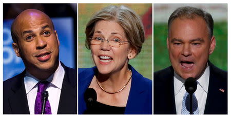 U.S. Senator from New Jersey Cory Booker (L), U.S. Senator from Massachusetts Elizabeth Warren (C), and U.S. Senator from Virginia Tim Kaine are pictured in this combination photo. REUTERS/File Photo