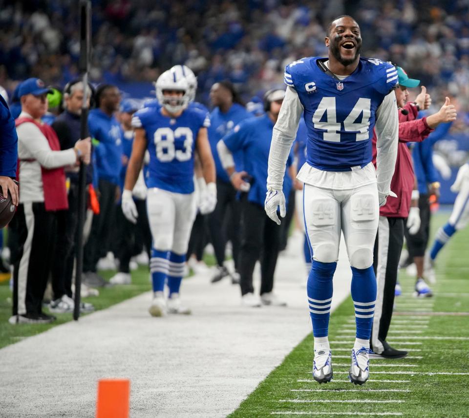 Indianapolis Colts linebacker Zaire Franklin (44) reacts after an Indianapolis Colts touchdown Saturday, Dec. 16, 2023, during a game against the Pittsburgh Steelers at Lucas Oil Stadium in Indianapolis.