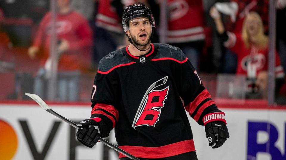 Carolina Hurricanes’ Tony DeAngelo (77) reacts after scoring a goal in the first period to give the Hurricanes a 2-0 lead over Boston on Tuesday, May 10, 2022 during game five of their Stanley Cup first round series at PNC Arena in Raleigh, N.C.