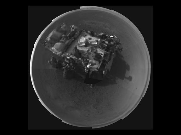 This Picasso-like self portrait of NASA's Curiosity rover was taken by its Navigation cameras, located on the now-upright mast. The camera snapped pictures 360-degrees around the rover, while pointing down at the rover deck, up and straight ahe