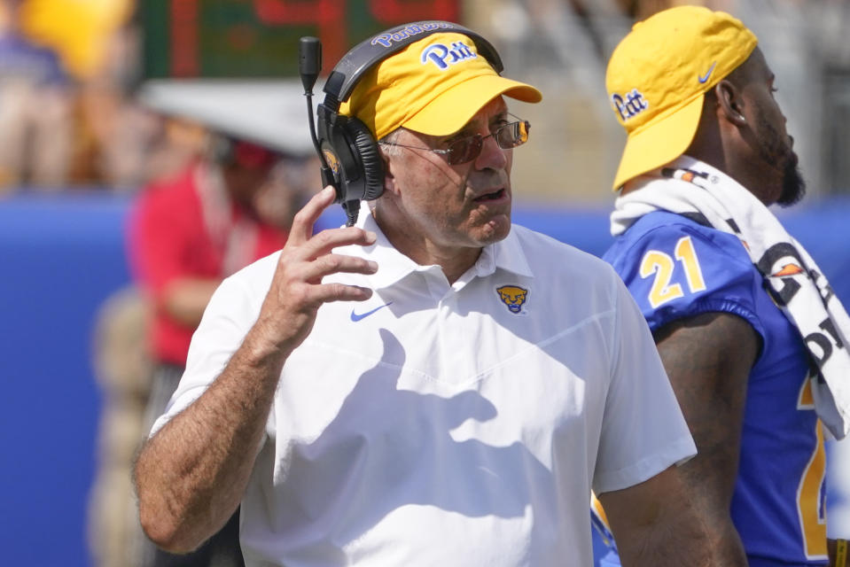 FILE - Pittsburgh head coach Pat Narduzzi works the sideline against Western Michigan during an NCAA college football game on Sept. 17, 2021, in Pittsburgh. The 23rd-ranked Panthers visit Western Michigan on Saturday, Sept. 18, 2022, looking to avenge last year's upset loss to the Broncos in Pittsburgh. (AP Photo/Keith Srakocic, File)