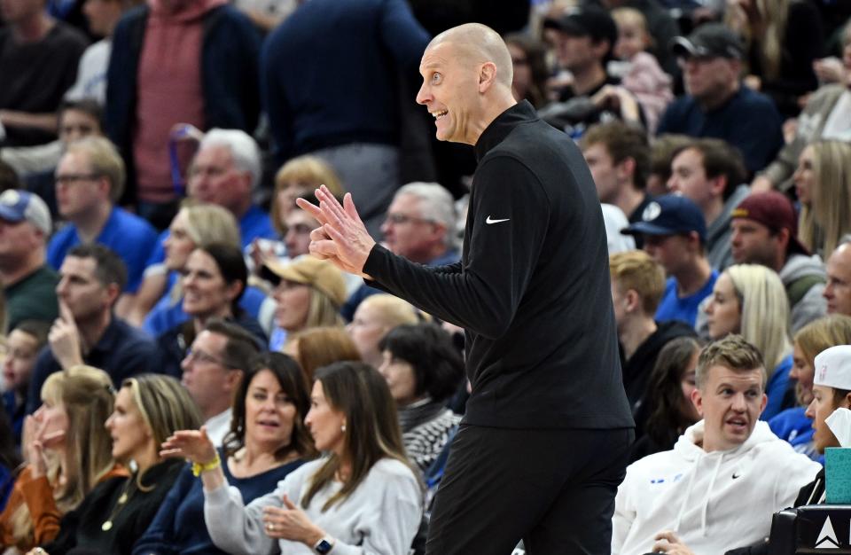 BYU Cougars coach Mark Pope motions a play to his players as BYU and Fresno State play at the Delta Center in Salt Lake City on Friday, Dec. 1, 2023. BYU won, 85-56, and face Evansville on Tuesday in the Marriott Center in Provo. | Scott G Winterton, Deseret News