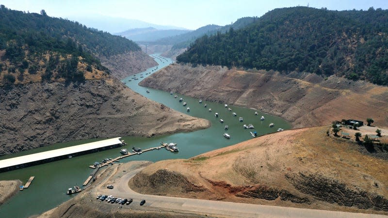 Low water levels at Lime Saddle Marina at Lake Oroville on July 22, 2021 in Paradise, California.