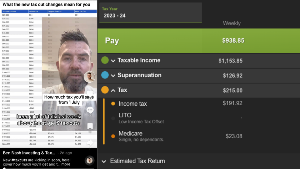 Compilation image of Payscale website to calculate tax cut and list of tax cut rate changes