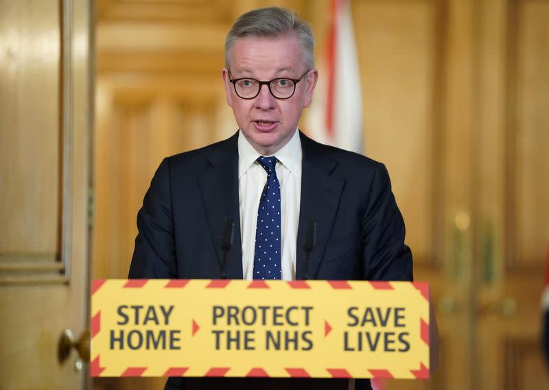 Britain's Chancellor of the Duchy of Lancaster Michael Gove speaks at a digital news conference on the coronavirus disease (COVID-19) outbreak, in 10 Downing Street in London