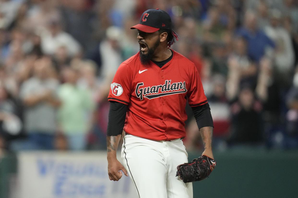 Cleveland Guardians relief pitcher Emmanuel Clase reacts after his teams defeated the Minnesota Twins in a baseball game Monday, Sept. 16, 2024, in Cleveland. (AP Photo/Sue Ogrocki)