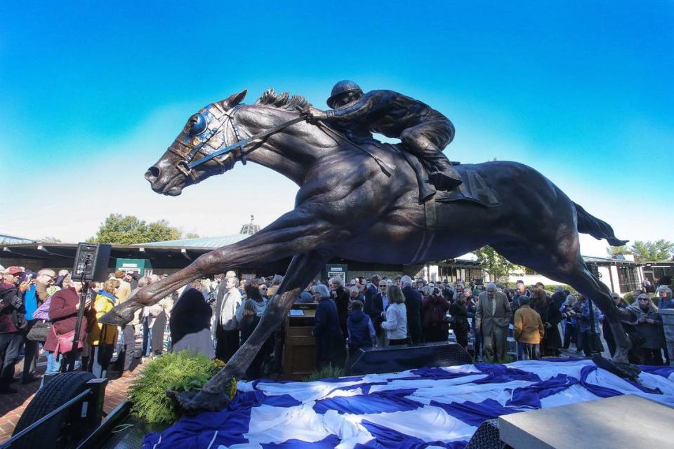 A statue memorializing Secretariat was unveiled at Keeneland prior to taking up permanent residence on Old Frankfort Pike.