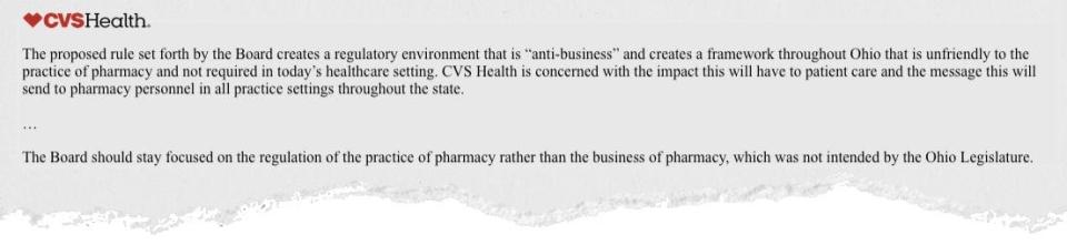 An excerpt from a Nov. 2, 2022, letter sent by CVS Health to the Ohio Board of Pharmacy opposing the board's proposed regulations on retail pharmacy working conditions.