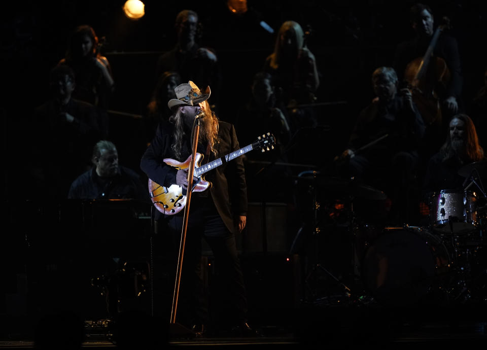 Chris Stapleton performs "Cold" at the 55th annual CMA Awards on Wednesday, Nov. 10, 2021, at the Bridgestone Arena in Nashville, Tenn. (AP Photo/Mark Humphrey)