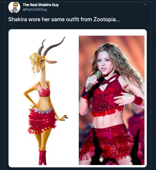 網友翻出《動物方城市》的「志羚姐姐」的造型，對比夏奇拉的超級盃演出秀服，根本就是一樣。（翻攝twitter）