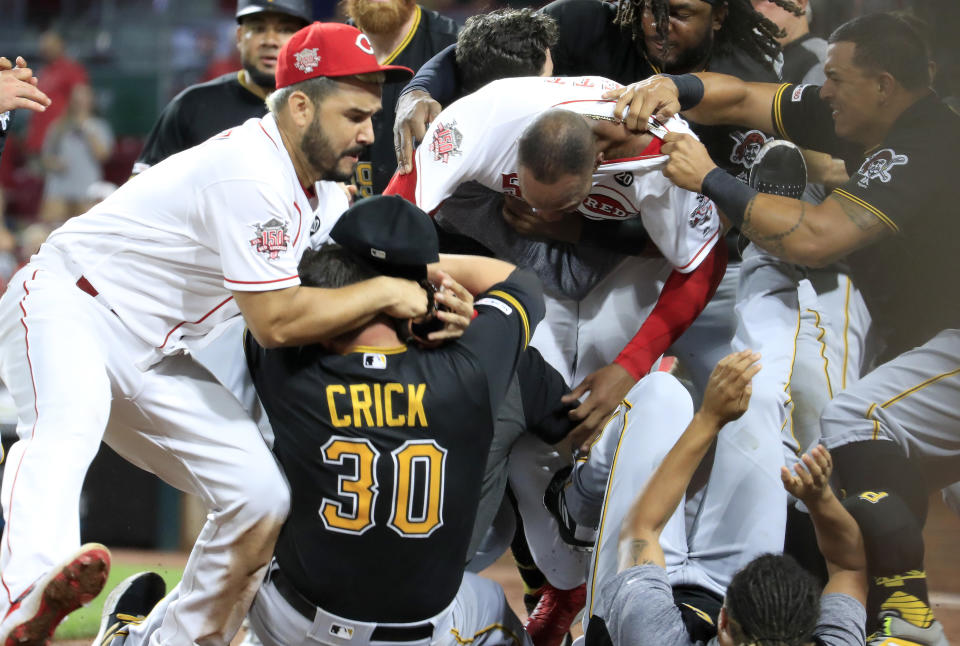 Amir Garrett started a mass brawl with the Pittsburgh Pirates bench. (Photo by Andy Lyons/Getty Images)
