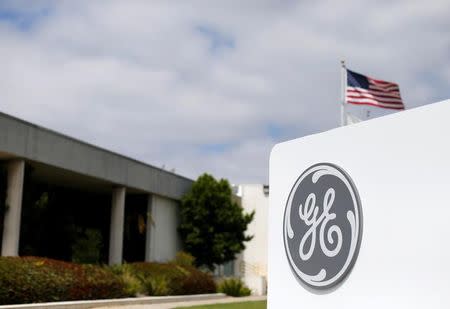 The logo of Dow Jones Industrial Average stock market index listed company General Electric is shown at their subsidiary company GE Aviation in Santa Ana, California April 13, 2016. REUTERS/Mike Blake/File Photo