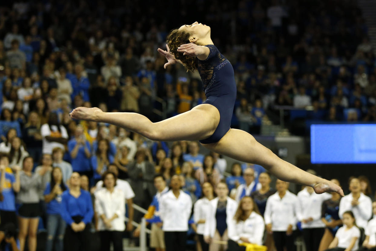 LOS ANGELES, CALIFORNIA - JANUARY 21: UCLA's Katelyn Ohashi competes in floor exercise during a PAC-12 meet against Arizona State at Pauley Pavilion on January 21, 2019 in Los Angeles, California. (Photo by Katharine Lotze/Getty Images)