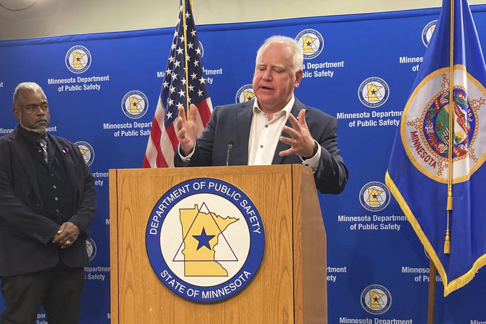 Minnesota Gov. Tim Walz speaks during a news conference Thursday, Sept. 22, 2022, at the Minnesota Department of Public Safety in St. Paul, Minn., where he pushed back against critics who say his administration should have done more to thwart what federal prosecutors have called a scheme to take advantage of the COVID-19 pandemic to defraud the U.S. government of at least $250 million. (AP Photo/Steve Karnowski)