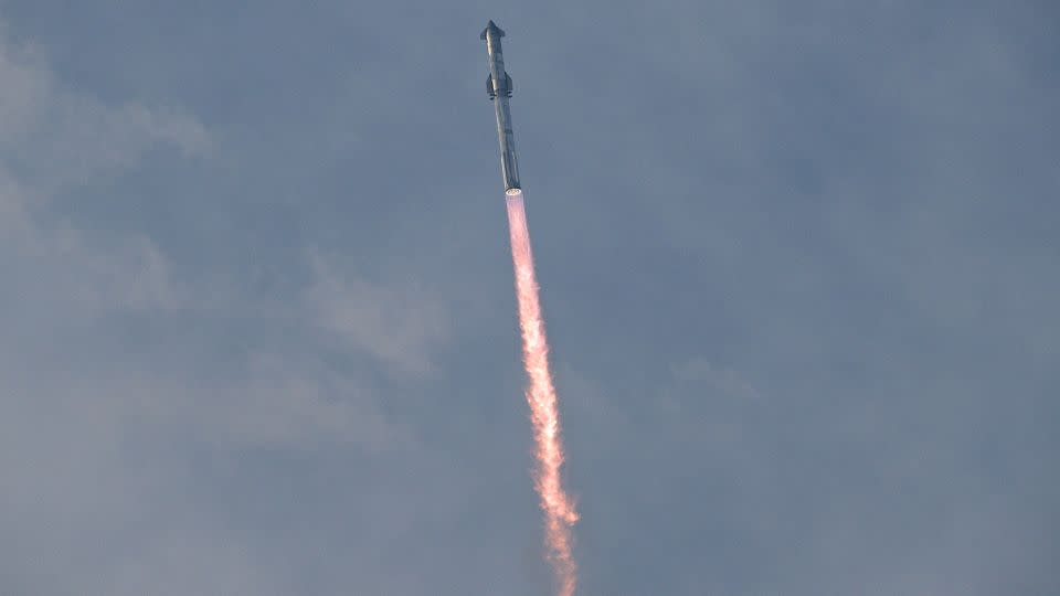 The SpaceX Starship rocket system lifts off from Starbase in Boca Chica, Texas, for its third integrated test flight on Thursday. - Chandan Khanna/AFP/Getty Images