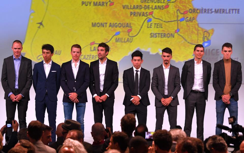 Chris Froome (left to right), Egan Bernal, Steven Kruijswijk, Thibaut Piniot, Caleb Ewan, Julian Alaphilippe, Warren Barguil and Romain Bardet at the route presentation in Paris - 2019 Getty Images