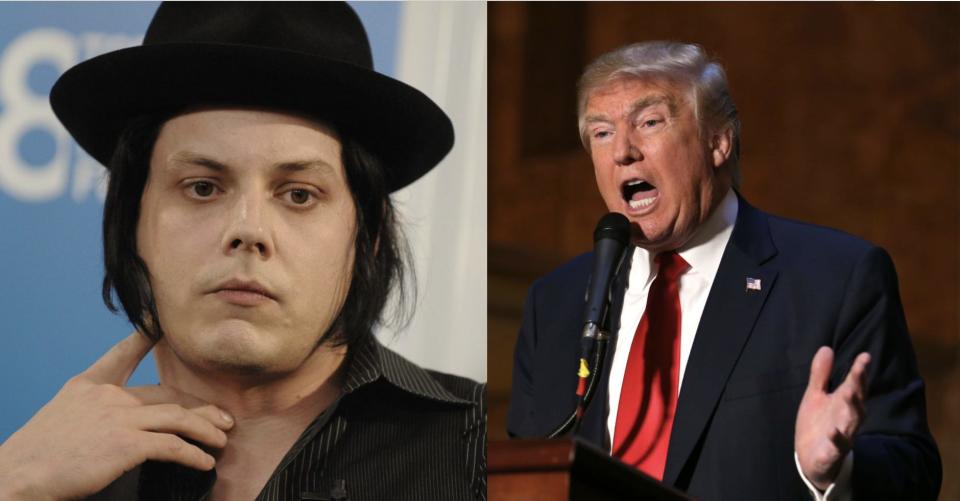 Left: Jack White in his signature black fedora; Right: Donald Trump before a podium in a navy suit with a red tie