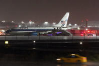 A campaign plane carrying U.S. Republican vice presidential nominee Mike Pence rests after it skidded off the runway after landing in the rain at LaGuardia Airport in New York, U.S.,October 27, 2016. REUTERS/Lucas Jackson