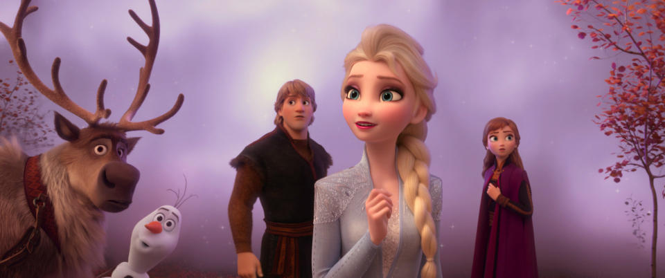 This image released by Disney shows characters, from left, Sven, Olaf, voiced by Josh Gad, Kristoff, voiced by Jonathan Groff, Elsa, voiced by Idina Menzel, and Anna, voiced by Kristen Bell in a scene from "Frozen 2." (Disney via AP)