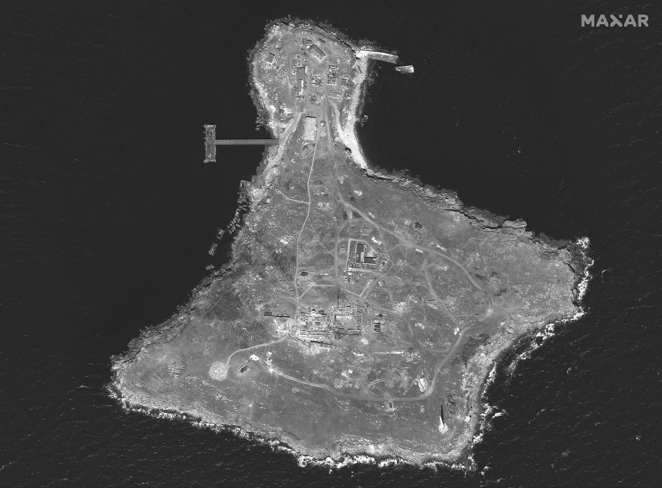 This WorldView-1 satellite black and white image from Maxar Technologies shows an overview of Snake Island, in the Black Sea, on June 17, 2022. (Satellite image ©2022 Maxar Technologies via AP)
