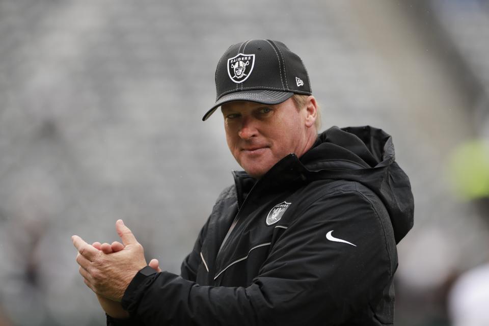 Oakland Raiders head coach Jon Gruden needs some help to get in the playoffs. (AP Photo/Adam Hunger)