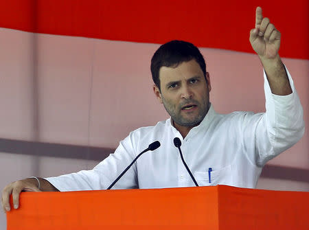 FILE PHOTO: India's Congress party vice president Rahul Gandhi gestures during an address at a farmers' rally at Ramlila ground in New Delhi April 19, 2015. REUTERS/Anindito Mukherjee/File Photo