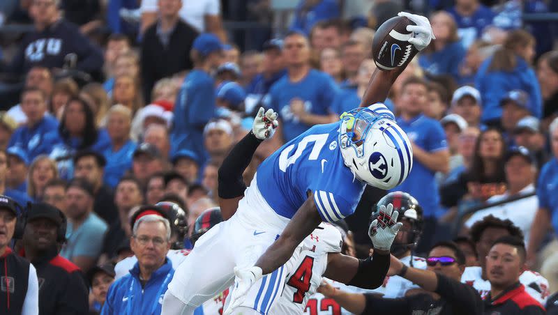 Brigham Young Cougars wide receiver Darius Lassiter (5) makes a one handed catch against the Texas Tech Red Raiders in Provo on Saturday, Oct. 21, 2023.