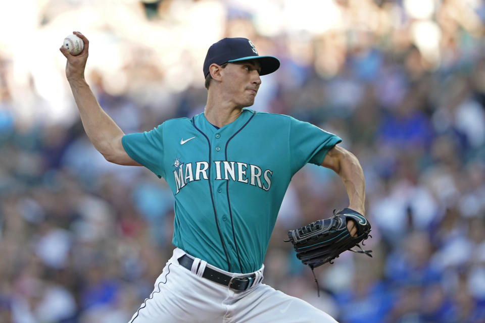 Seattle Mariners starting pitcher George Kirby throws to a Toronto Blue Jays batter during the first inning of a baseball game Friday, July 8, 2022, in Seattle. (AP Photo/Ted S. Warren)