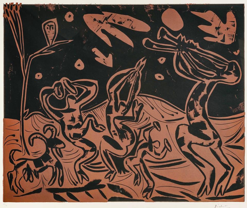 Danse Nocturne avec un Hibou (Nocturnal Dance with an Owl), 1959, Pablo Picasso (Spanish, 1881–1973). Linocut printed in black and brown on Arches paper. Printed by Arnéra. Collection of Timothy Collins, courtesy of Landau Traveling Exhibitions, Los Angeles.