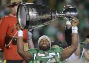 Saskatchewan Roughriders quarterback Darian Durant hoists the Grey Cup after beating the Hamilton Tiger-Cats in the Grey Cup Sunday, November 24, 2013 in Regina. THE CANADIAN PRESS/Ryan Remiorz