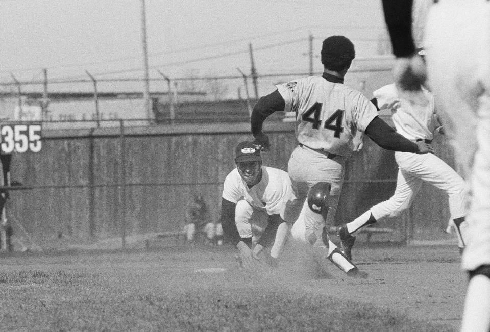 Red Wings second baseman Art Miranda, left, waits to tag out the Richmond runner during the Red Wings home opener of the 1971 season, on April 22, 1971 at Silver Stadium. 