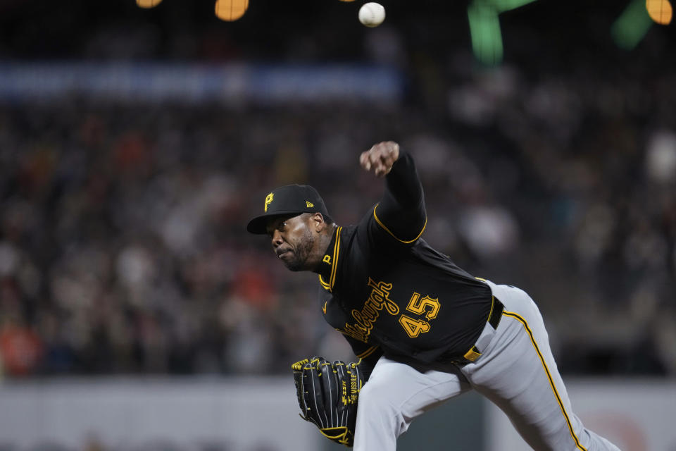 Pittsburgh Pirates pitcher Aroldis Chapman throws to a San Francisco Giants batter during the eighth inning of a baseball game Friday, April 26, 2024, in San Francisco. (AP Photo/Godofredo A. Vásquez)