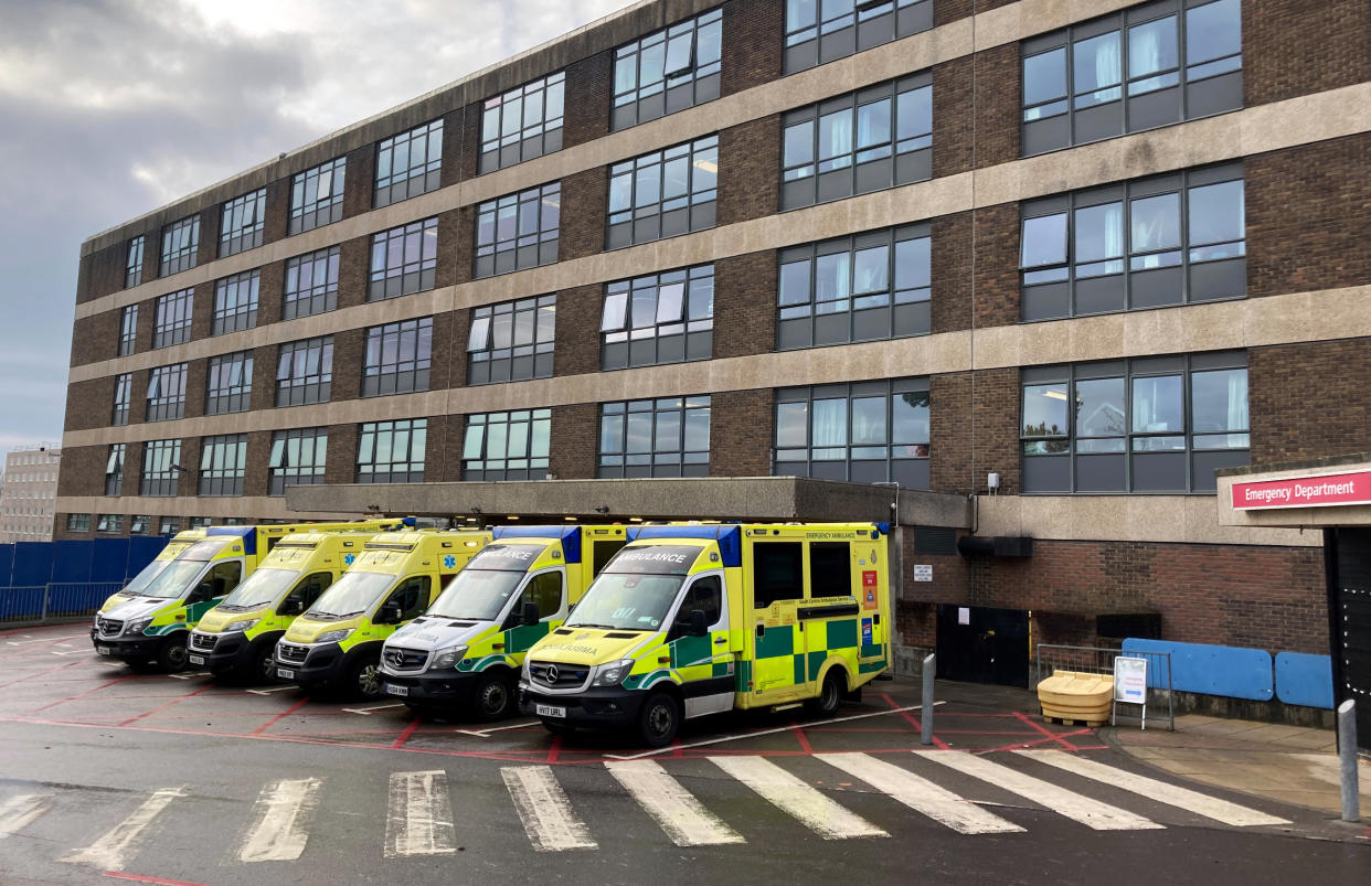 Ambulances parked up outside the Accident and Emergency department at the Queen Alexandra Hospital in Cosham, Portsmouth. (Photo by Andrew Matthews/PA Images via Getty Images)