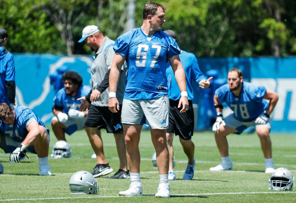 Detroit Lions tackle Matt Nelson (67) during organized team activity at Lions headquarters in Allen Park, Thursday, May 27, 2021.