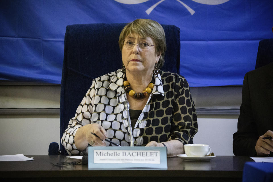 UN High Commissioner for Human Rights, Michelle Bachelet adresses a news conference in Ouagadougou, Burkina Faso, Wednesday Dec. 1, 2021. Bachelet said Burkina Faso has a tradition of ensuring the peaceful coexistence of its people and called on the government to create a space for meaningful dialogue and for parties to air grievances. (AP Photo/Sophie Garcia)