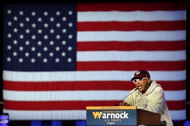 PHOTO: Director Spike Lee delivers remarks at an election night watch party for Sen. Raphael Warnock, Dec. 6, 2022, in Atlanta. (Win Mcnamee/Getty Images)