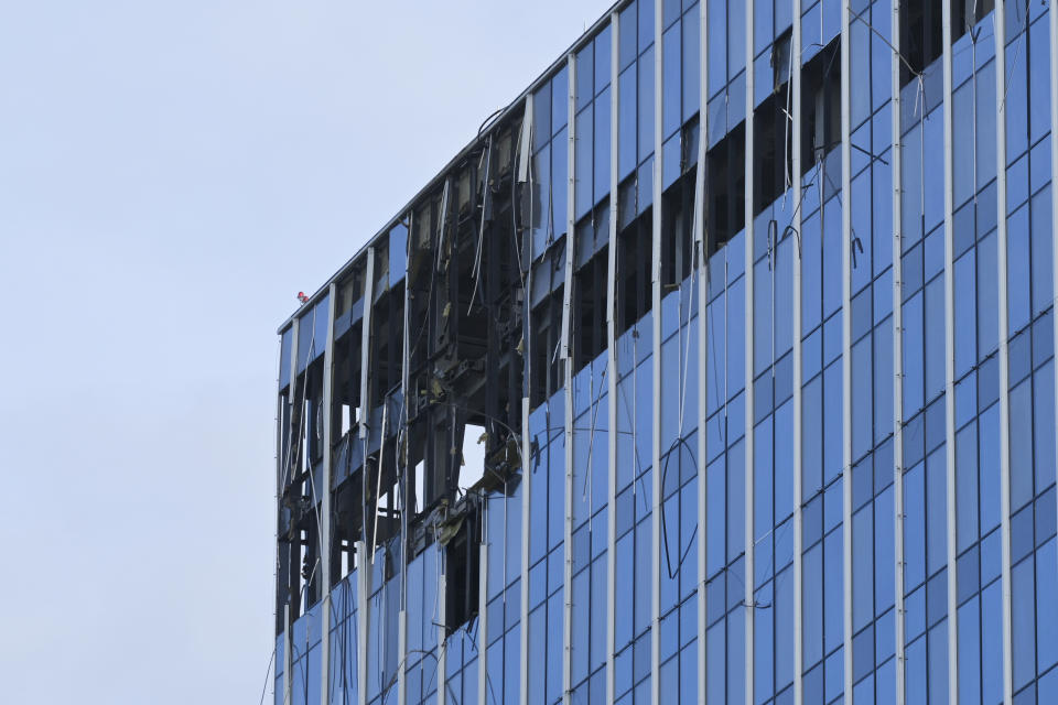 A view of a damaged building is shown after a reported drone attack in Moscow, Russia, Monday, July 24, 2023. (AP Photo)