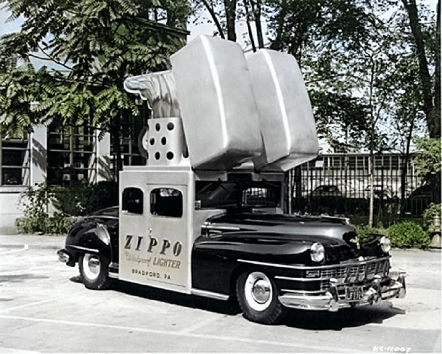 <p>The heyday of promotional vehicles in 1940s America coincided with a time when smoking was highly fashionable. To make the most of this, lighter manufacturer <strong>Zippo</strong> commissioned its own vehicle based on a 1947 <strong>Chrysler New Yorker</strong>. The centre section was a scale replica of one of its famous lighters, complete with flip top and flame.</p><p>The height of the Zippo car meant its drivers had to be very careful when approaching bridges, but that didn’t stop them taking the car to all 48 contiguous states of the US. The original Zippo car disappeared without trace in the 1950s, but Zippo recreated it in 1998 based on another Chrysler New Yorker<strong>.</strong></p>