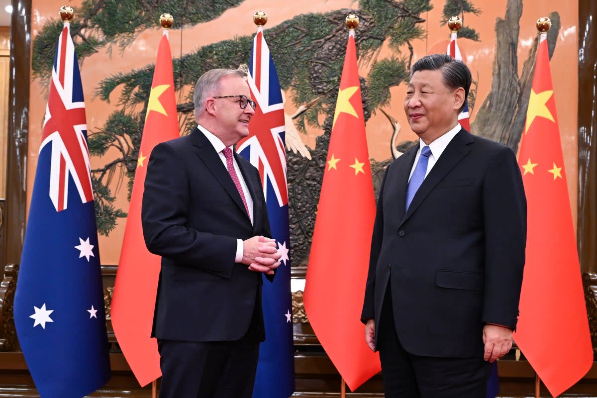 Australia's Prime Minister Anthony Albanese, left, meets with China's President Xi Jinping at the Great Hall of the People in Beijing (AP)