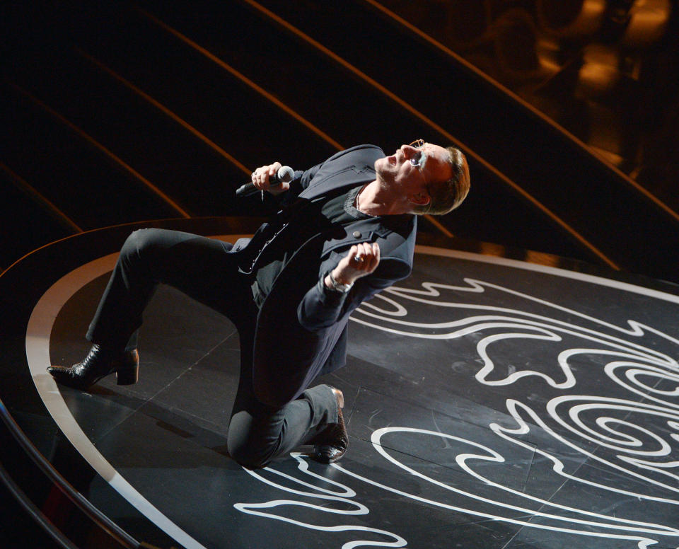 Bono of U2 performs during the Oscars at the Dolby Theatre on Sunday, March 2, 2014, in Los Angeles. (Photo by John Shearer/Invision/AP)