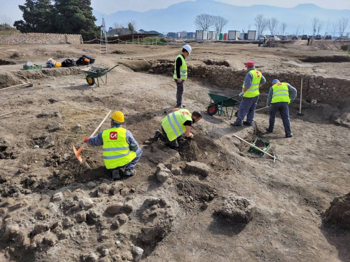 An excavated portion of the city block.