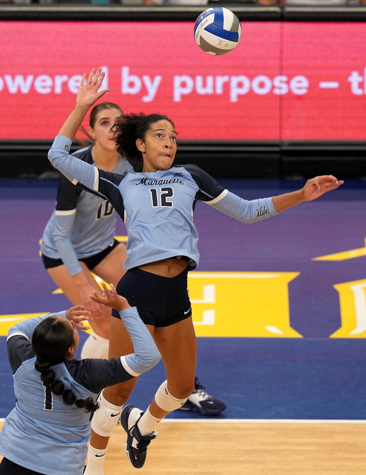 Middle blocker Carsen Murray and Marquette, shown during a volleyball match against Wisconsin last September, beat Eastern Illinois on Thursday in an NCAA Tournament first-round match.
