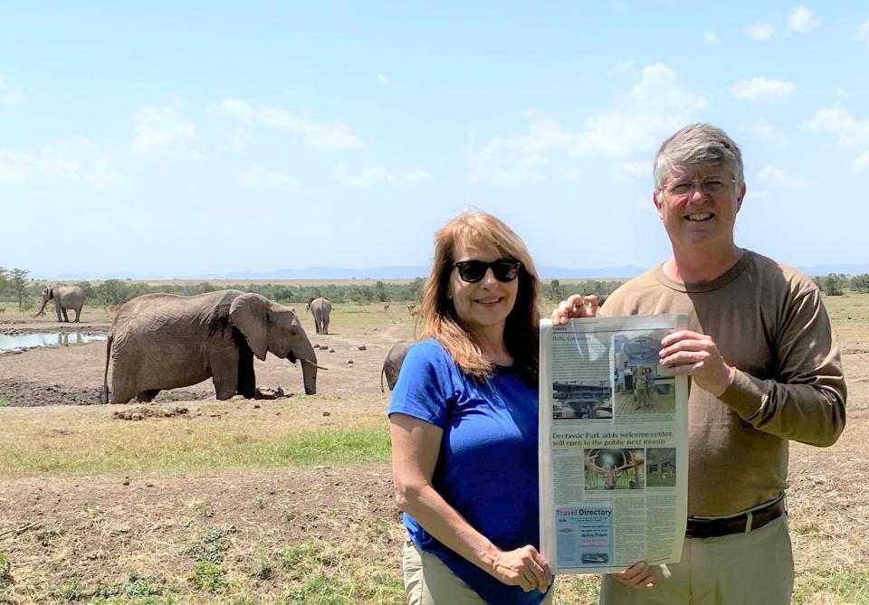 AFRICA
Deanna and Bruce Herfel of Gahanna visit Ol Pejeta Conservancy near Nanyuki, Kenya. Ol Pejeta covers 140 square miles and is home to large herds of many of east Africa's native species, including the last two northern white rhinos on Earth which, unfortunately, are on the brink of extinction. The couple suggests that if you planning to go on a safari, stay overnight at the conservancy so that you can listen to animal noises at night. Also, check the requirements for entering an African country because numerous forms and vaccinations are required prior to entry.