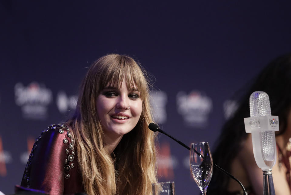 Victoria De Angelis responds to questions at the press conference after her band Maneskin from Italy won the Grand Final of the Eurovision Song Contest at Ahoy arena in Rotterdam, Netherlands, Saturday, May 22, 2021. (AP Photo/Peter Dejong)